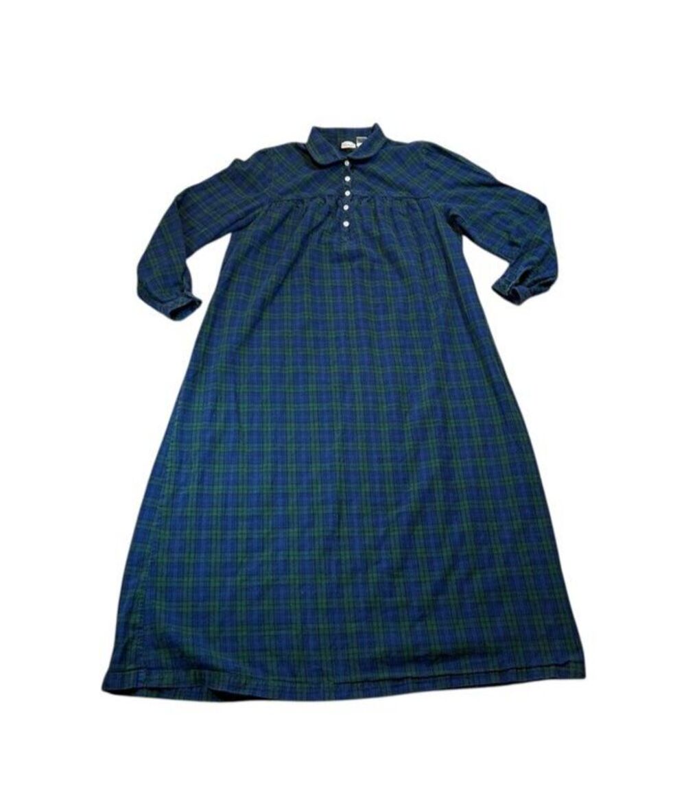 LL Bean Nightgown Womens Size Small Tartan Green Blue Flannel Pajamas Collar